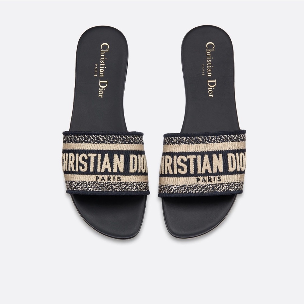 Christian Dior Dway Slide Sandals in Deep Blue Embroidered Cotton Size 38